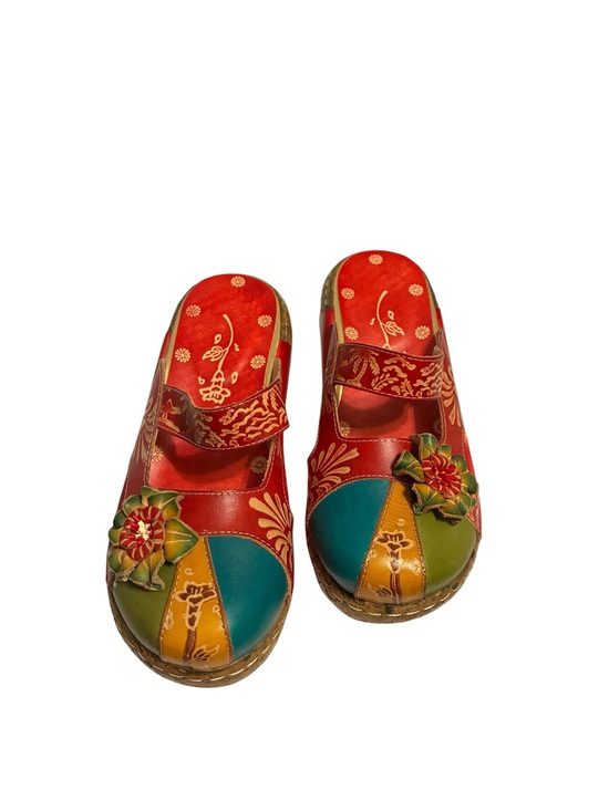 Shoes - Colorblock Floral Leather Clogs in Red, Teal, Mustard & Green